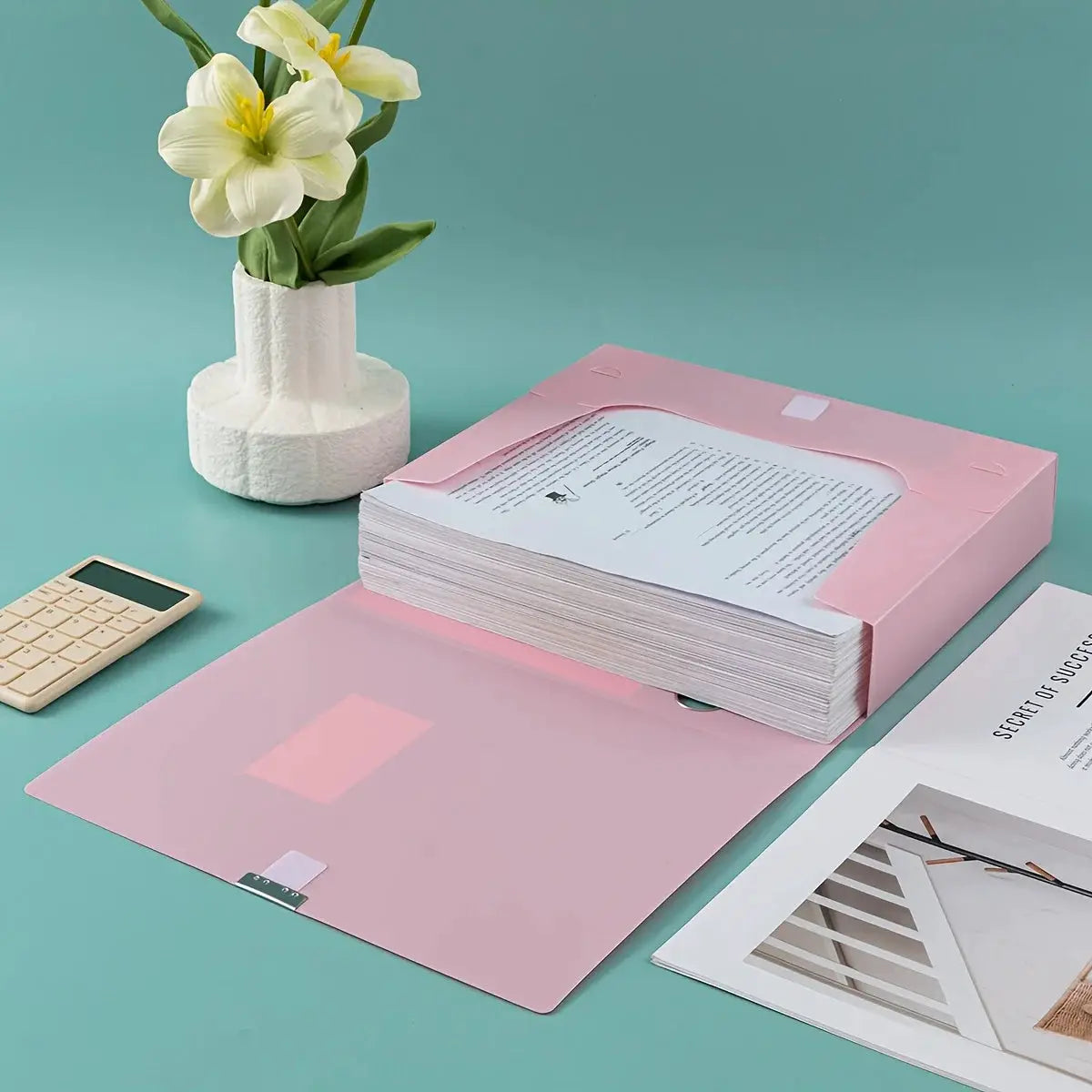 Pink large-capacity foldable plastic file box with A4 organizer for office use by Simples Market