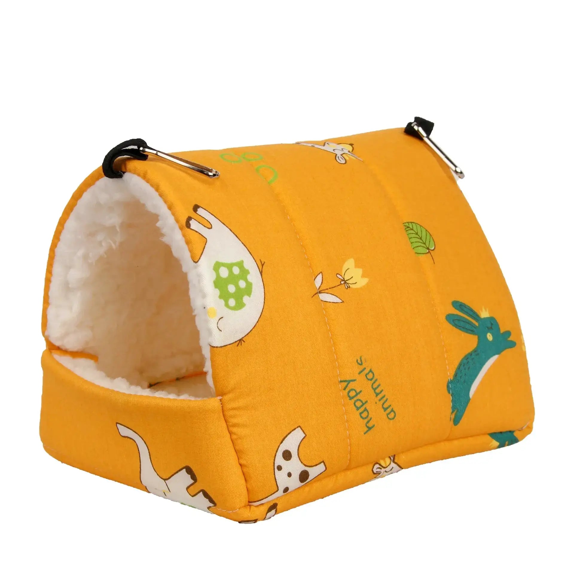 Bird bed for small animals in orange fabric with prints, plush white lining, and metal hanging hooks