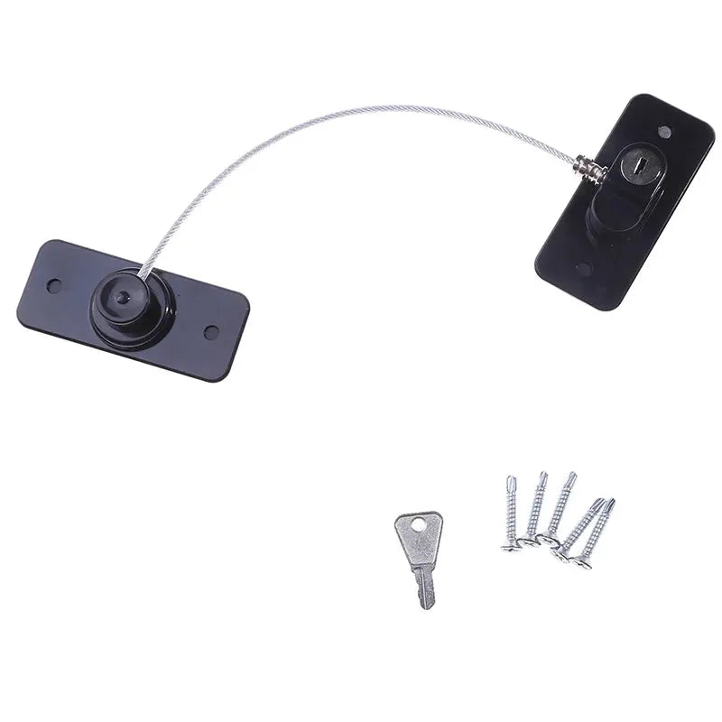 Child safety window lock set, Simples Market; black plates with steel wire cable, screws and key (4/8 pcs)