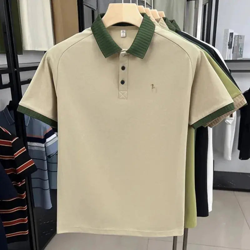 Simples Market men's beige polo shirt with green collar and sleeve trim, dog embroidery