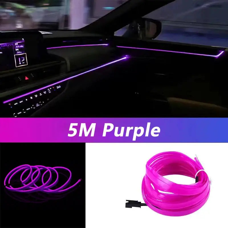 5M Car Interior Neon EL Wire LED Strip Light USB Powered Ambient Decorative Lamp For Auto DIY Party Atmosphere