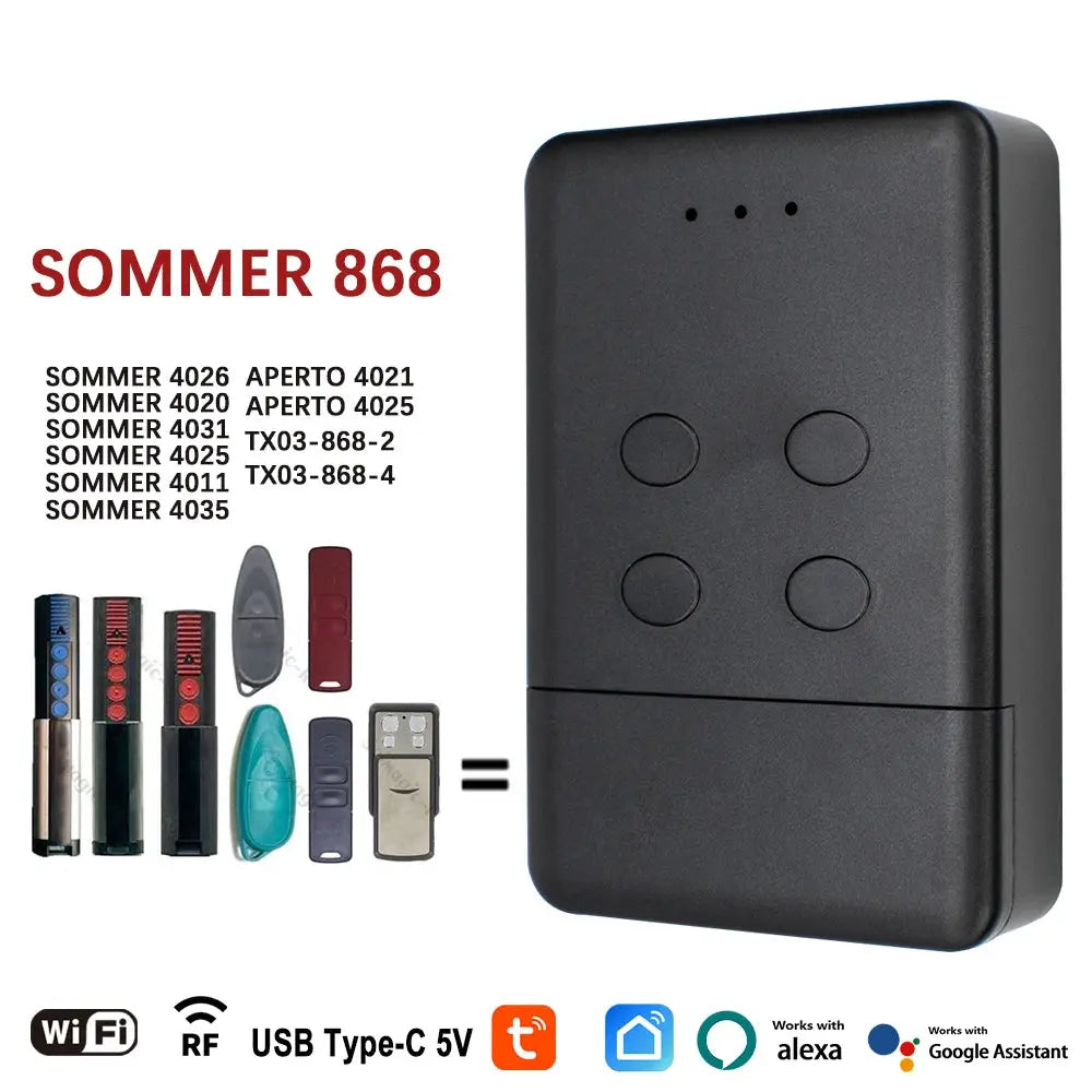Simples Market WIFI SOMMER 868 smart garage door opener with 868MHz RF handheld transmitter; black enclosure