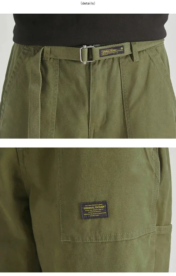 Men's olive green cargo pants with belt, multiple pockets and patch detailing.
