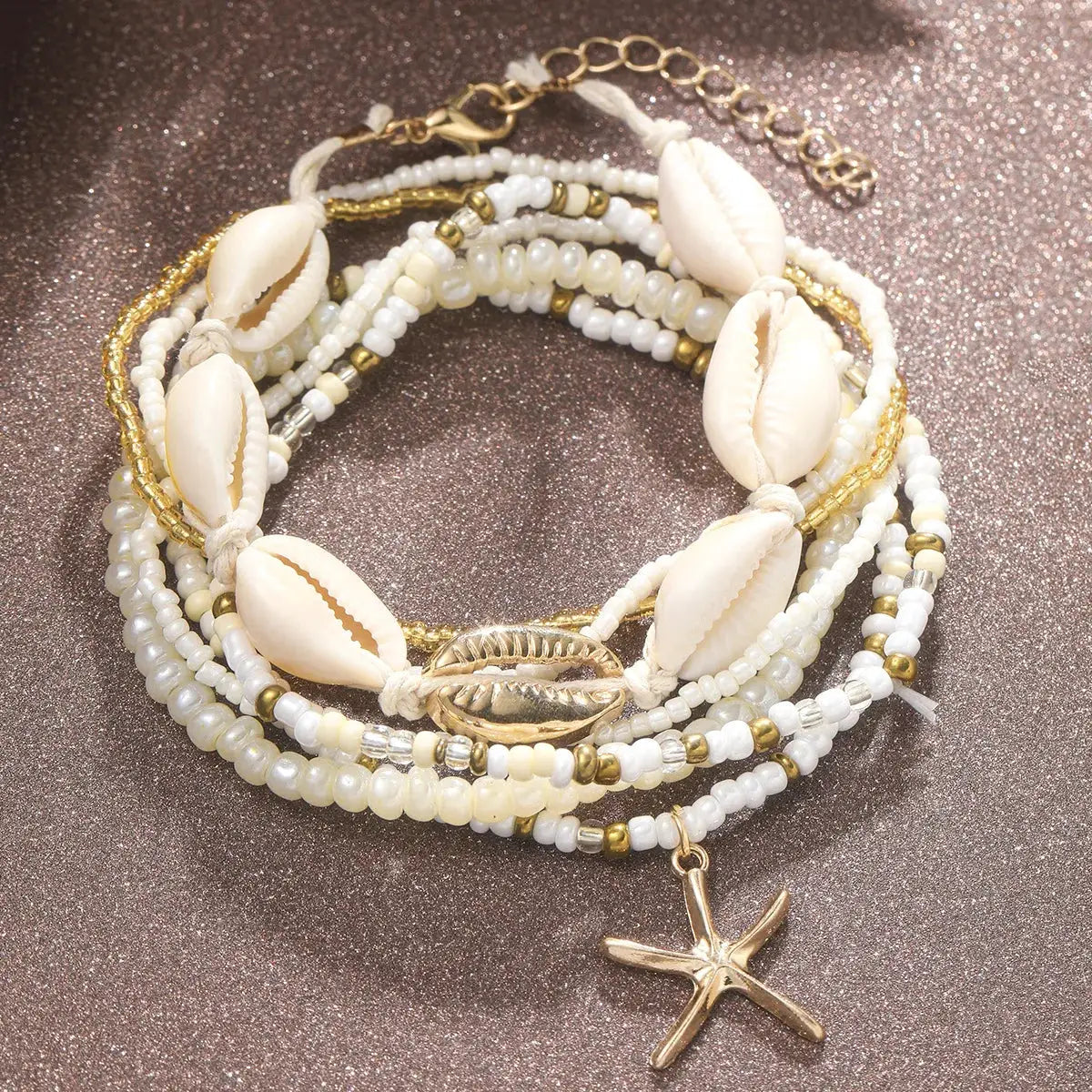 Bohemian Rice Beads Starfish Pendant Anklet Set Multilayer Beach Jewelry For Women 7 Piece Foot Anklets Summer Sea Shell