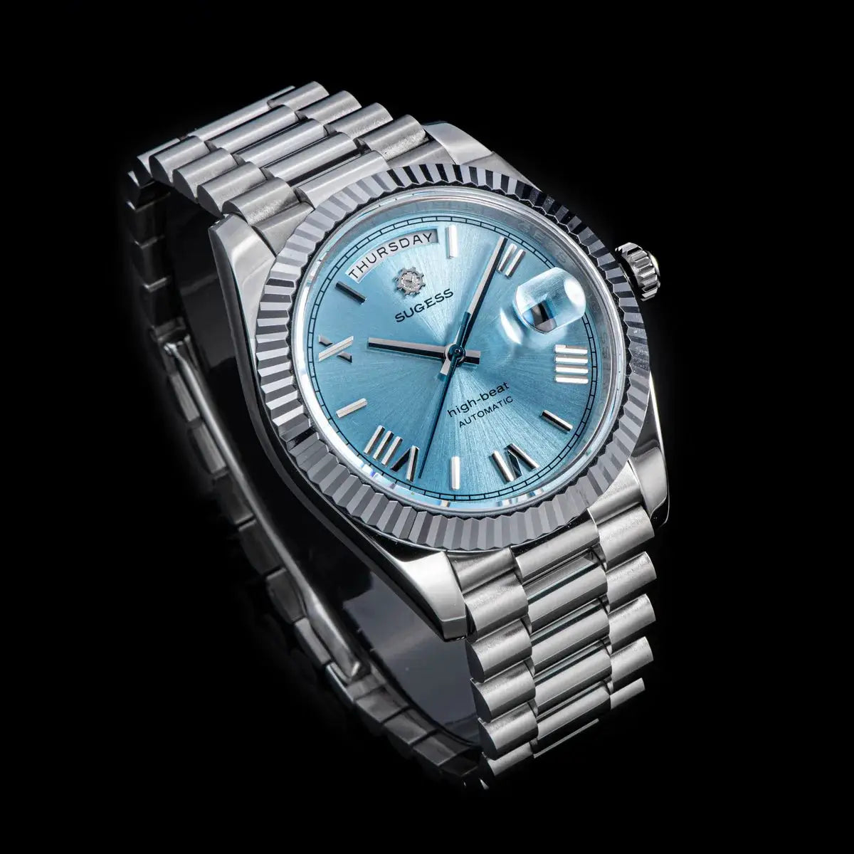 Sugess men's 40mm automatic watch with blue dial, day/date display and stainless steel bracelet