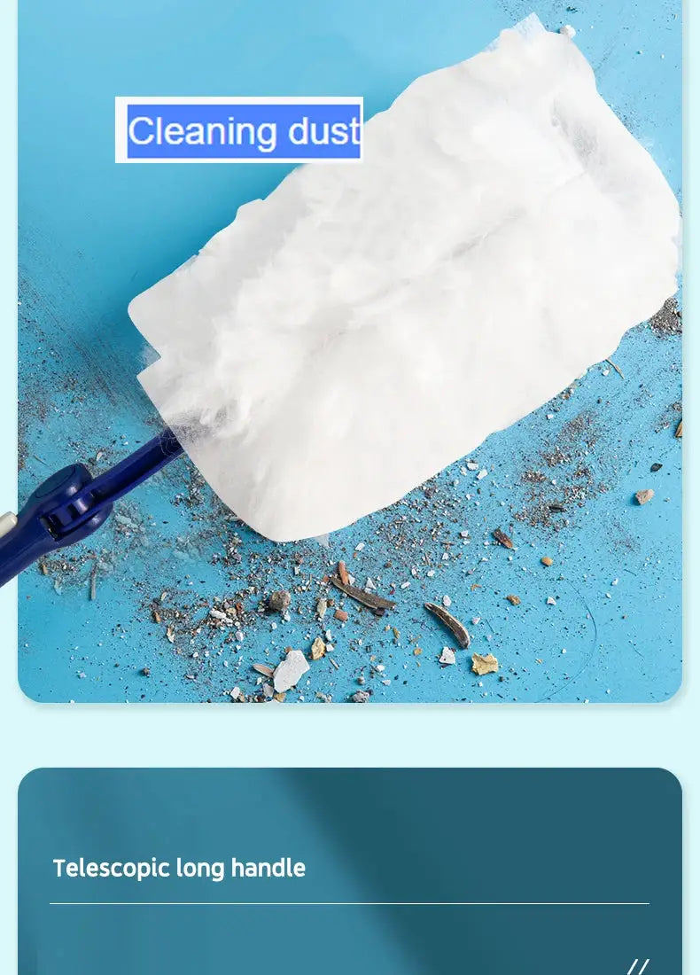 Extended-pole dust collector with white disposable fiber cloth on a blue telescopic handle