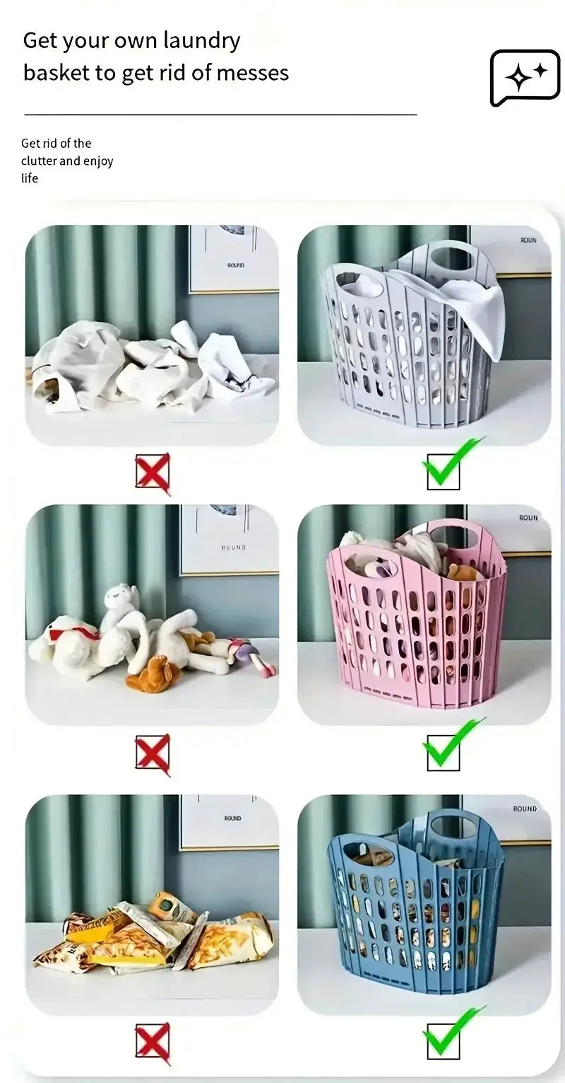 Simples Market foldable laundry hamper; high-capacity portable fabric basket with handles in gray, pink and blue.