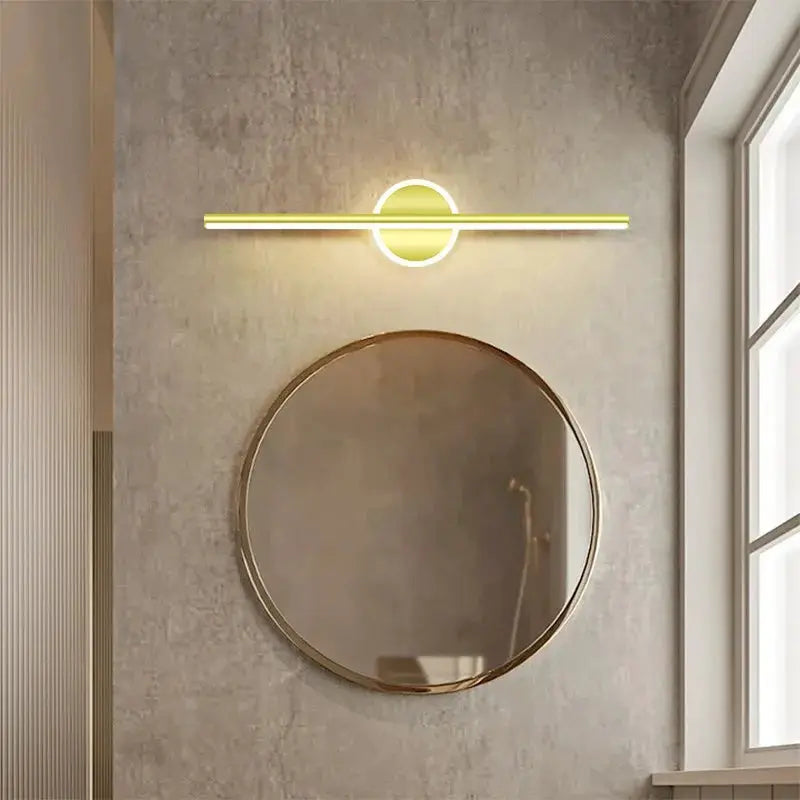 Simples Market Modern LED wall lamp, black and gold long strip with a circular hub above a round mirror