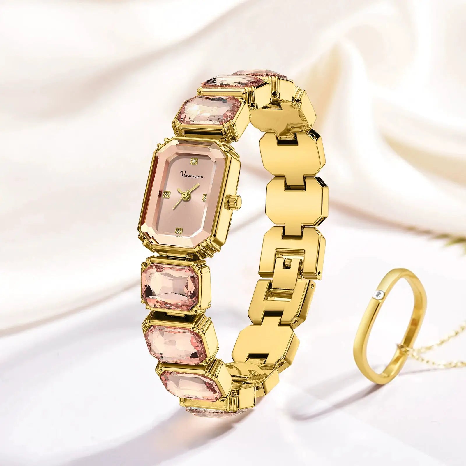 Women square-faced watch with pink rhinestones on a rose-gold stainless steel bracelet; quartz movement