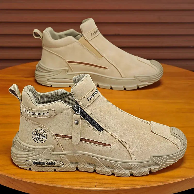 Men's beige hiking sneakers with side zip and chunky sole; two shoes shown with FASHIONSPORT branding.