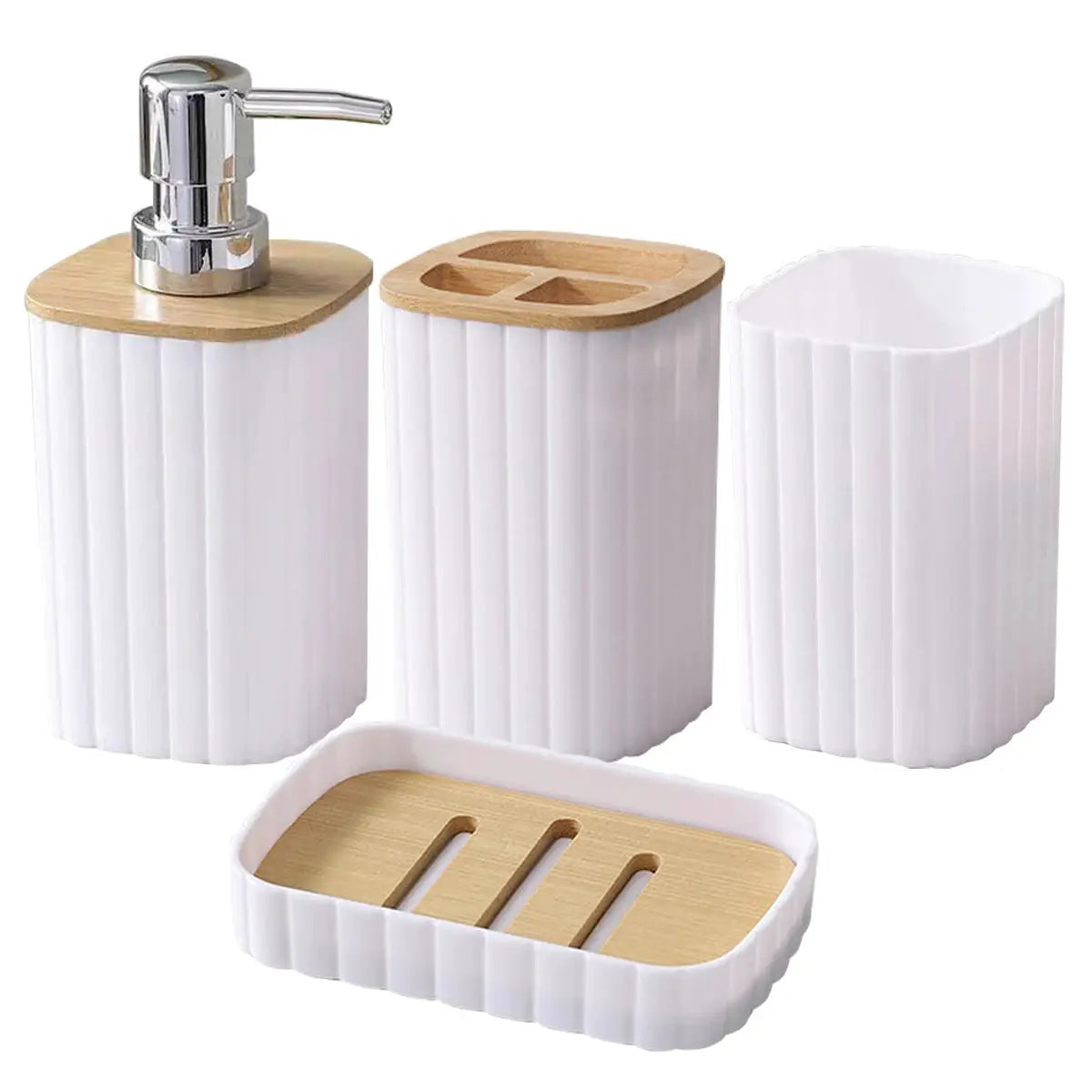 4-piece bathroom set: white ribbed dispensers with bamboo lids; dispenser, toothbrush cup, soap holder, and soap dish
