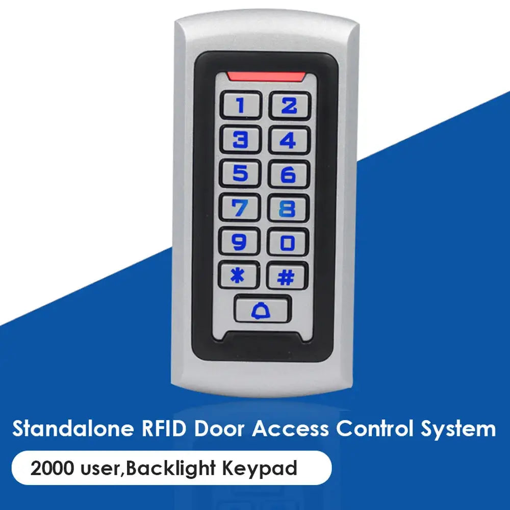 LED backlit metal keypad RFID reader by Simples Market, 125kHz Wiegand, standalone door access, 2000 users
