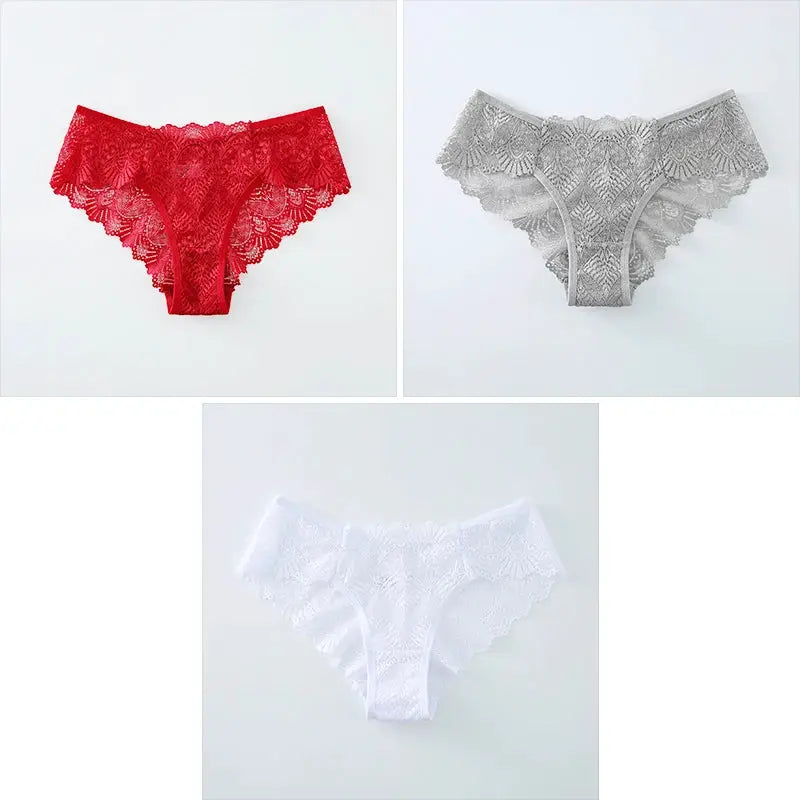 Simples Market lace sexy women's panties set; mid-waist, seamless, breathable; red, gray, white (3 colors)