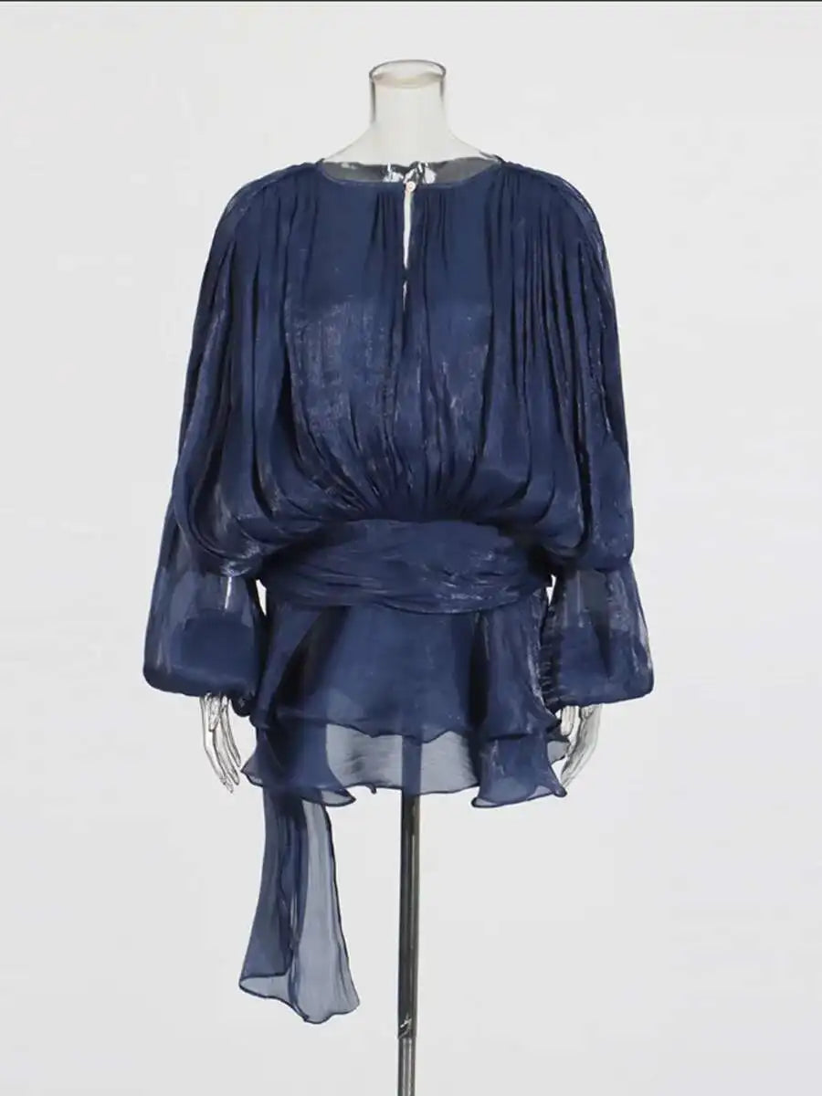 Twotwinstyle Solid Blouse Mini Dress For Women V Neck Long Sleeve Lace