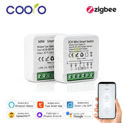 Two white Zigbee mini smart switch modules, 1CH/2CH, by Simples Market; compatible with Tuya and Alexa