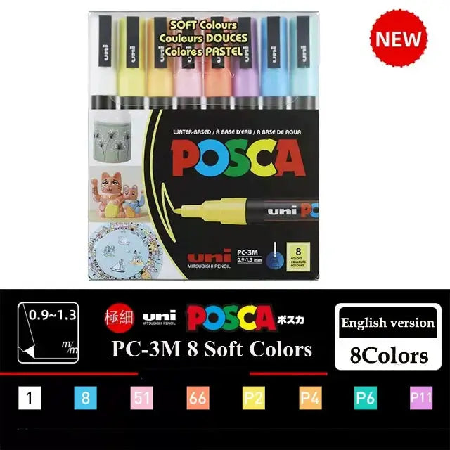 Posca paint marker set by Uni, 8 water-based soft-color markers in vinyl case (PC-1M/PC-3M/PC-5M)