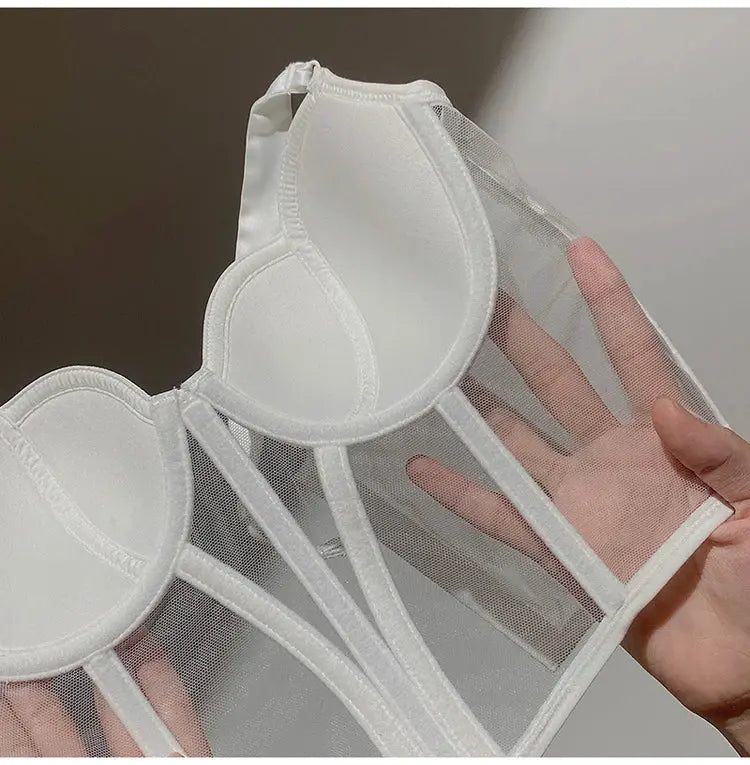 Push-up bra in white with sheer lace-back and mesh back panel