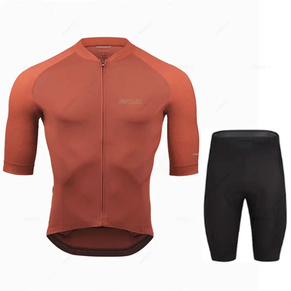 Rvouei Pro Team men's cycling jersey and shorts two-piece set; orange-red breathable jersey with full zip and black shorts