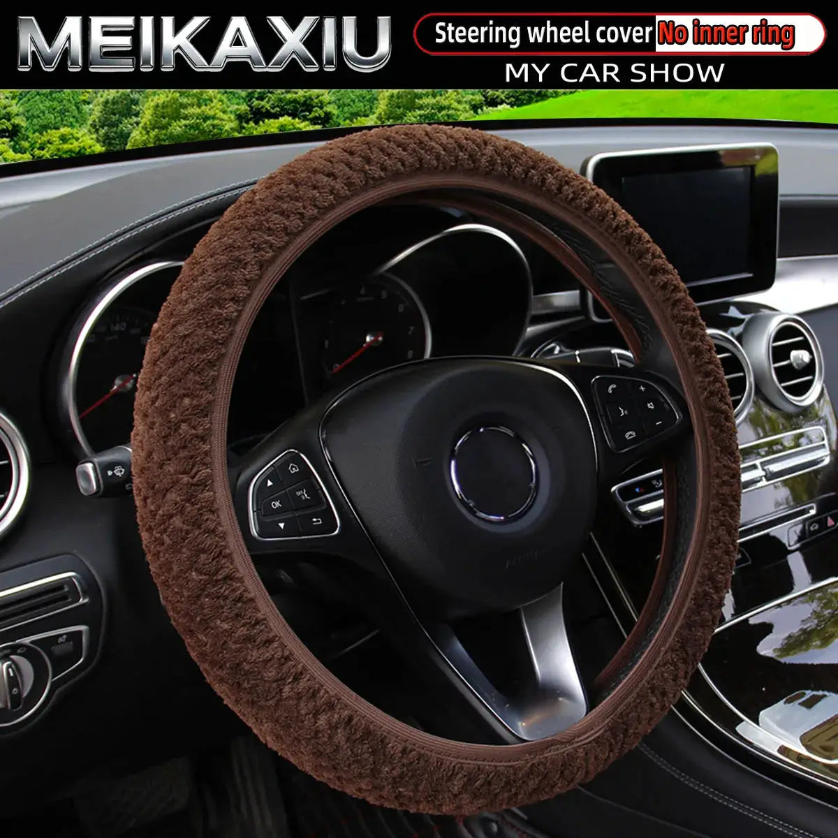 Women's brown plush steering wheel cover by Simples Market; elastic, no inner ring, car accessory