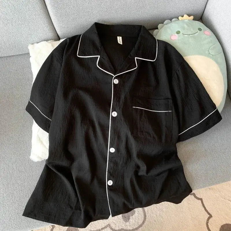 Youth Men's Slim Fit New Pajama Set Solid Color Short Sleeve Lapel Top and Elastic Shorts Pajamas Summer Loungewear Sleepwear