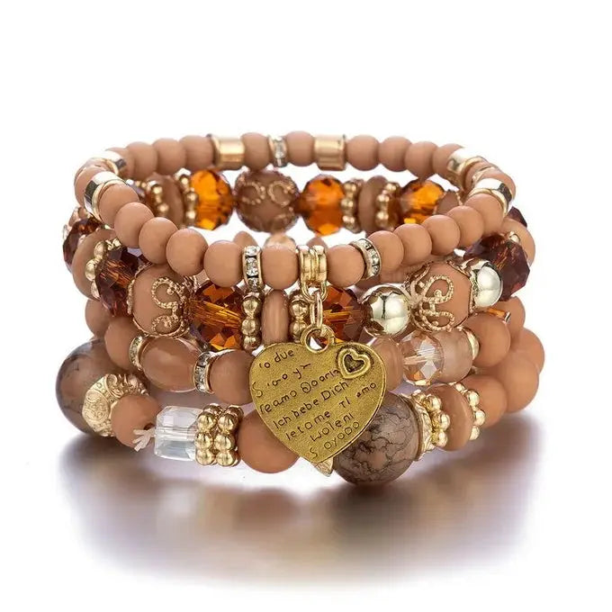 4 Piece Boho Strand Bracelet Set For Women With Crystal Beads Heart Charms And Letter Accents