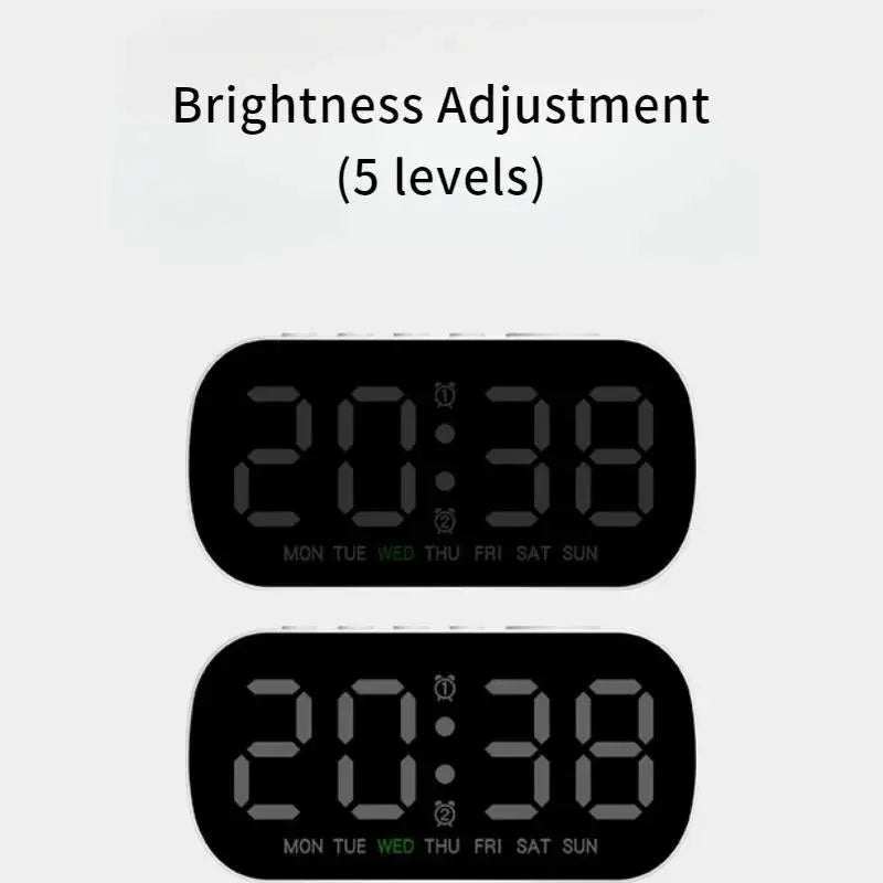 Two black Simples Market digital alarm clocks with LED time display and weekday indicators