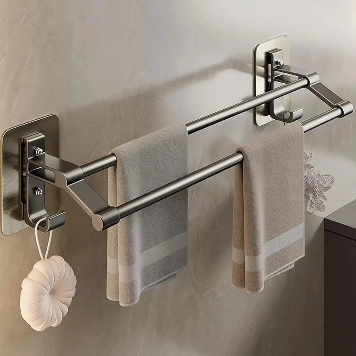 NovaWall Wall Mounted Towel Rack With Two Bars No Drill Installation For Bathroom And Kitchen