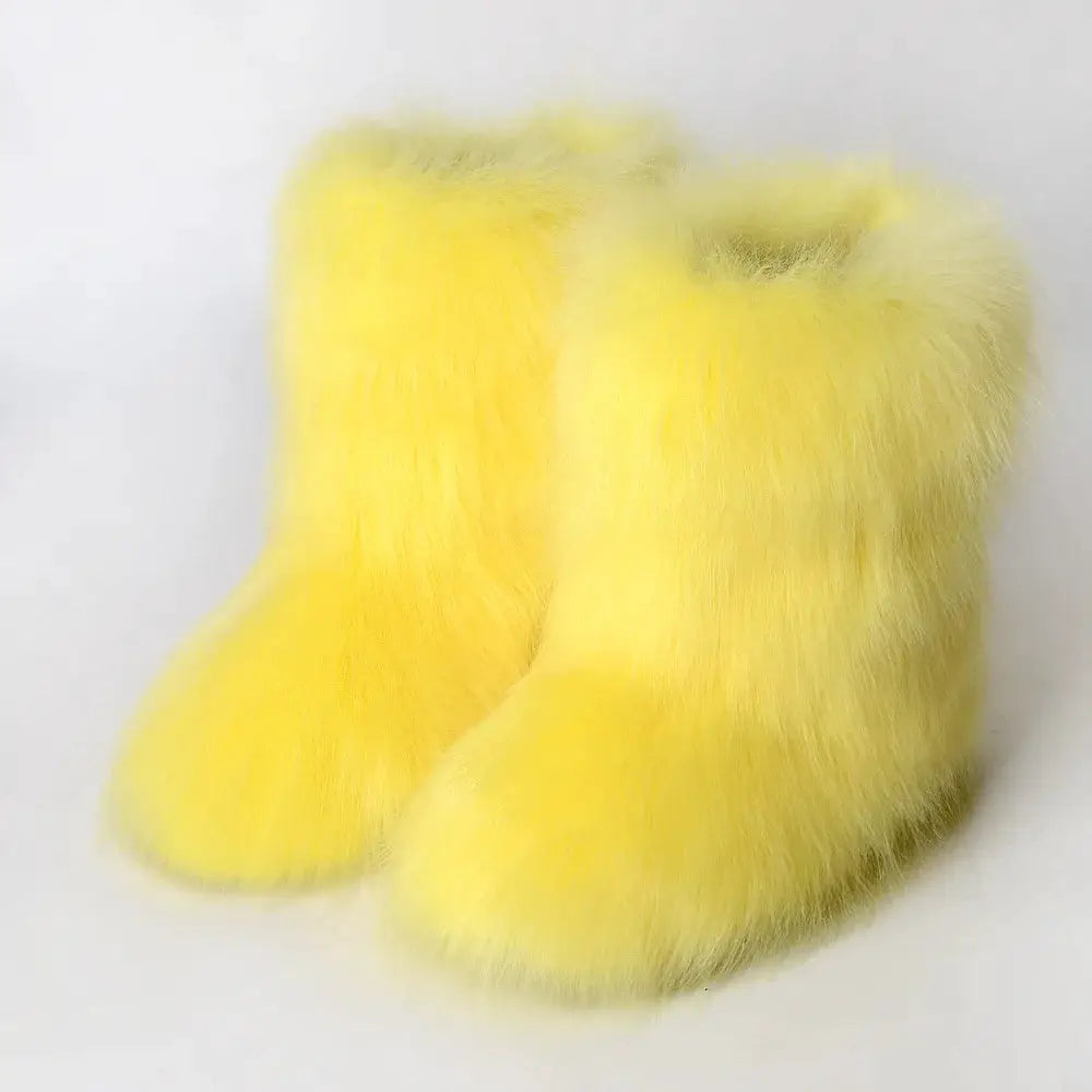 Women's Winter Snow Boots With Plush Faux Fox Fur Mid Calf Warm Platform Shoes For Cold Weather Outdoor