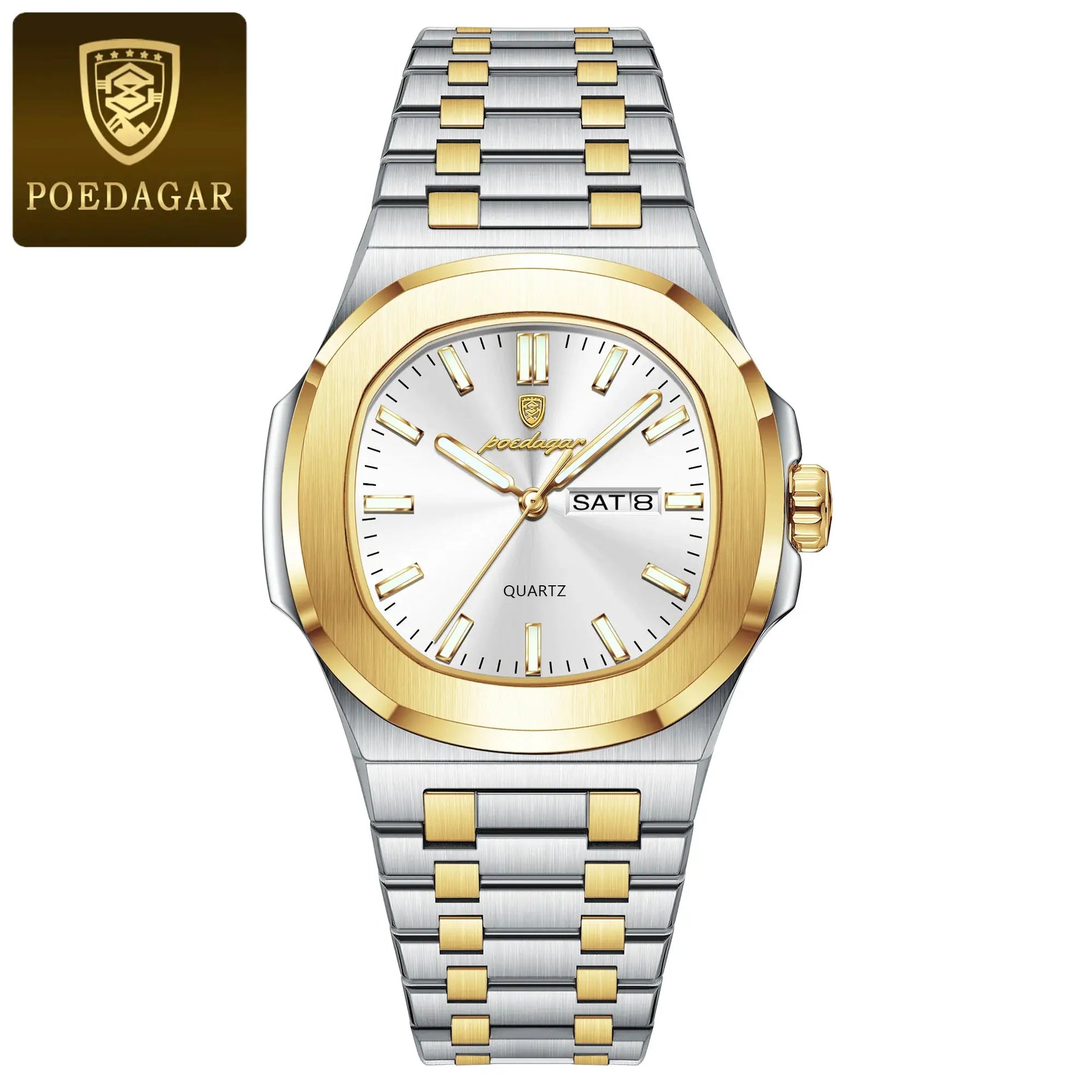 POEDAGAR two-tone stainless steel square men's watch with gold bezel and date window, Simples Market.