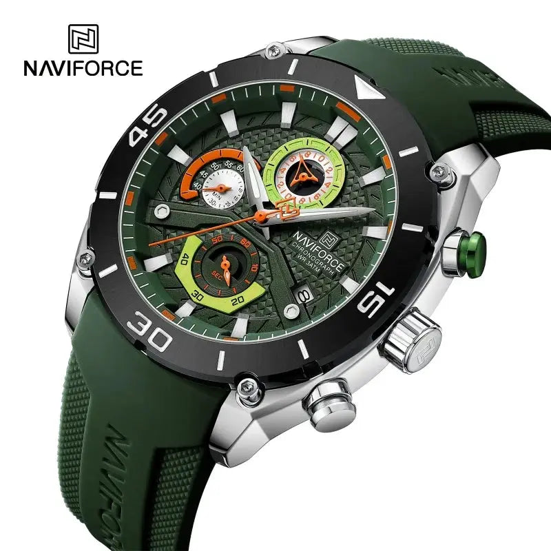 Naviforce sport men's watch with green dial and chronograph subdials, green silicone strap