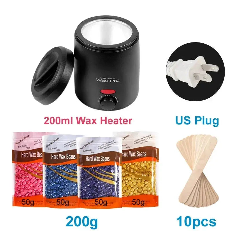 Simples Market 200ml wax heater with US plug, includes 10 spatulas and four bags of hard wax beans (50g each).