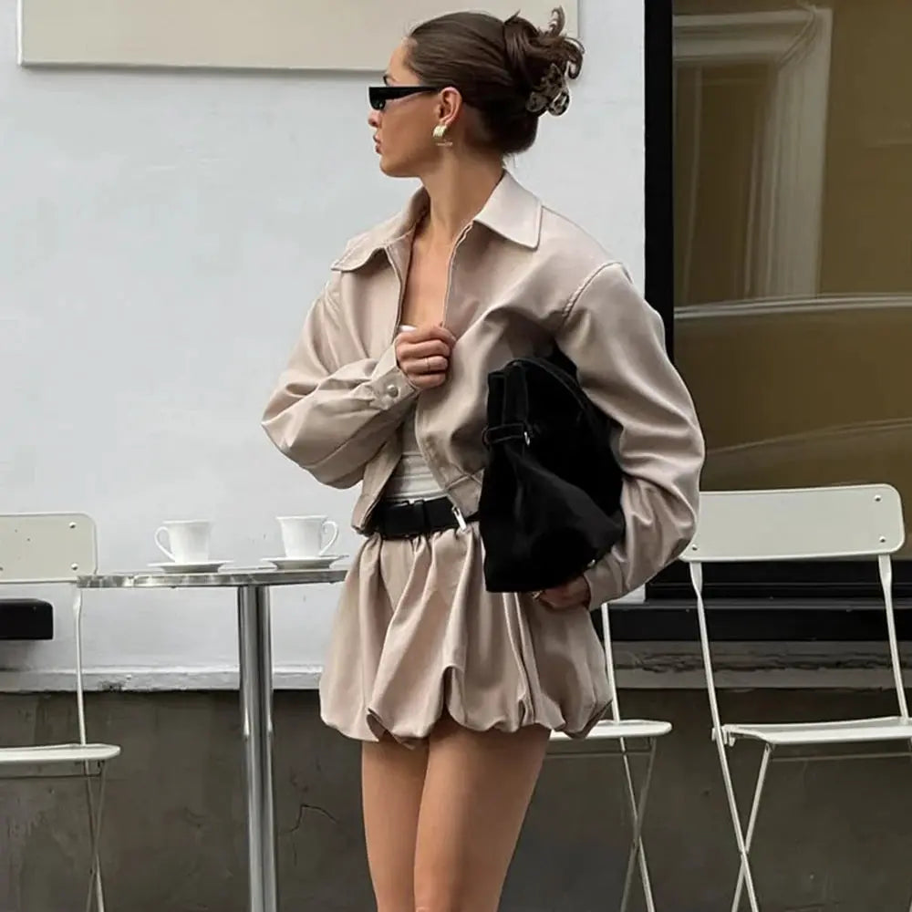 Tuularose Womens Lapel Zip Jacket Two Piece Pleated Shorts Autumn Suit