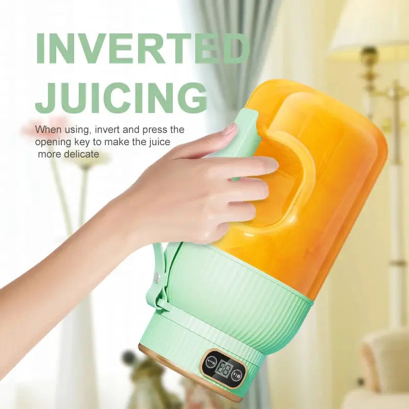 Simples Market 1000ML portable juicer blender with orange cup and mint-green base, USB charging.