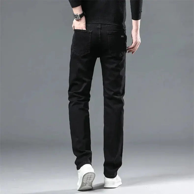 Men's black straight-leg denim pants with warm fleece lining for winter; casual jeans, plus size