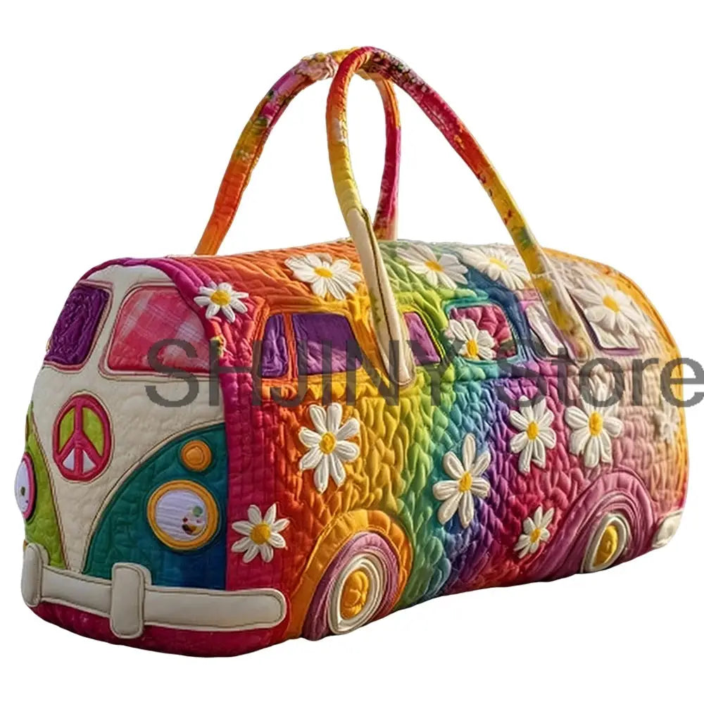 Simples Market quilted duffle bag in rainbow colors with daisy appliqués and a retro bus motif