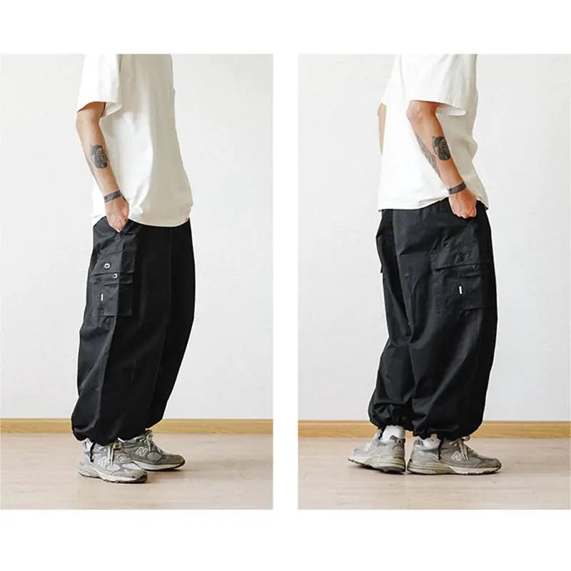 Multi-pocket cargo pants, black oversized baggy wide-leg ankle joggers by Simples Market