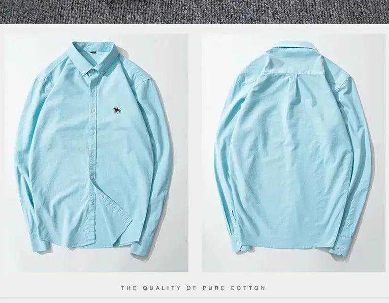 Simples Market light blue pure cotton Oxford shirt with horse embroidery; long sleeves, regular fit.