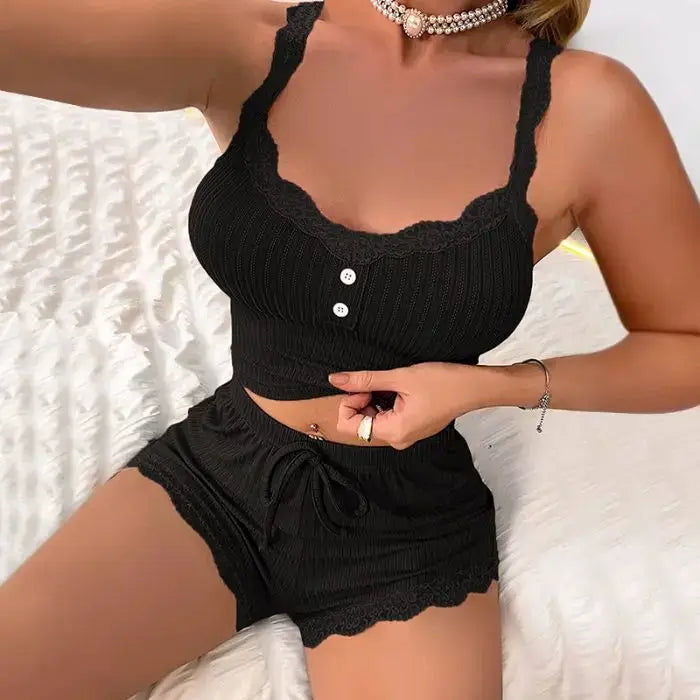 LunaLuxe Spaghetti Strap Sleepwear Set For Women Summer Knit Pajama Set With Breathable Comfort