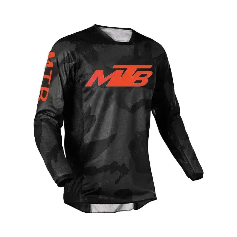 Simples Market motocross MTB jersey, black camo long-sleeve with orange MB logo on chest and MTB on sleeve