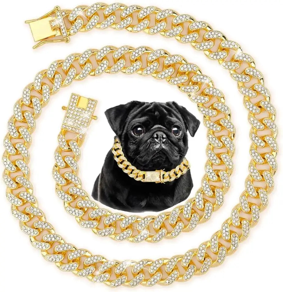 Cuban chain dog collar, gold-tone stainless steel with crystal inlays, adjustable safety buckle for small to medium dogs