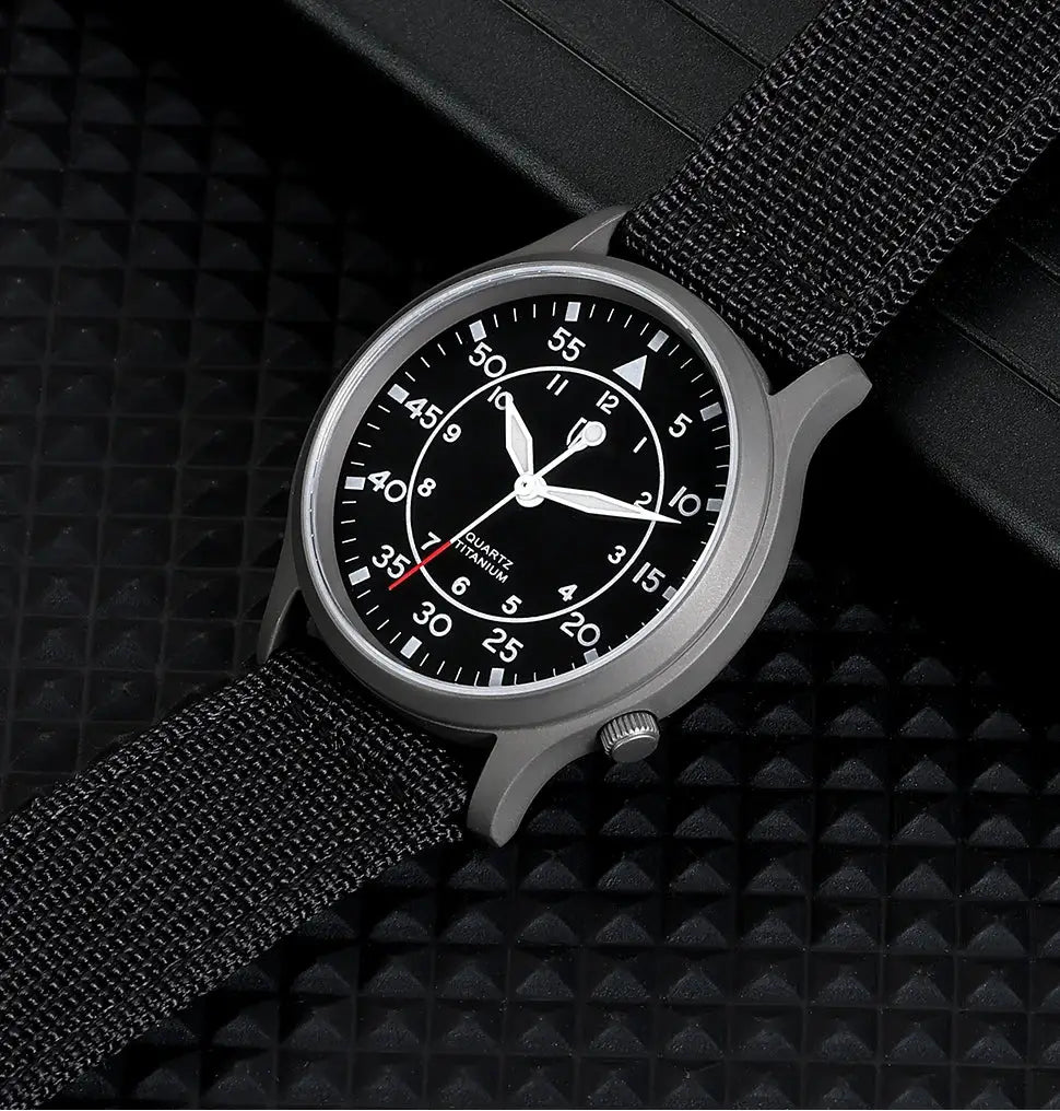 BERNY Titanium Watch for Men with black dial, gray titanium case, and black nylon strap