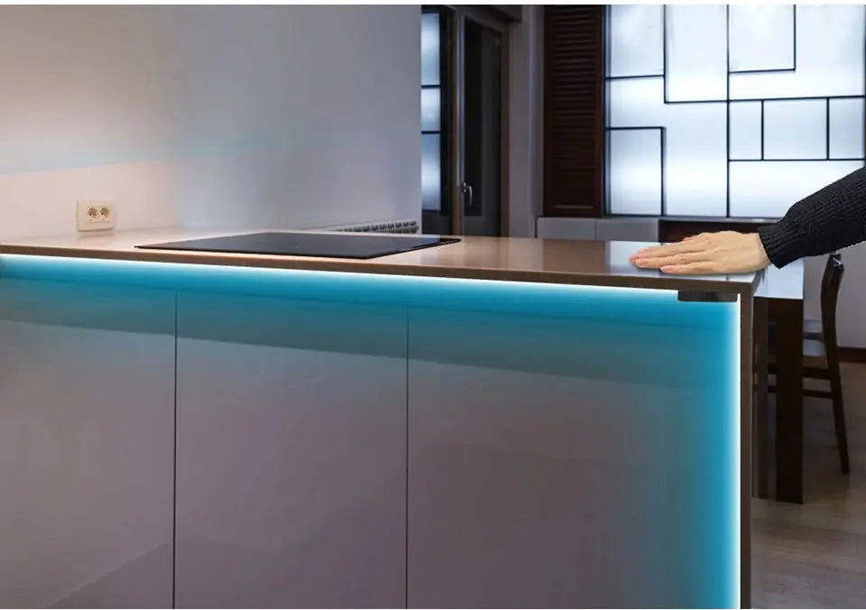 Penetrable wood-panel touch light switch with dimmer, blue LED under-cabinet kitchen lighting