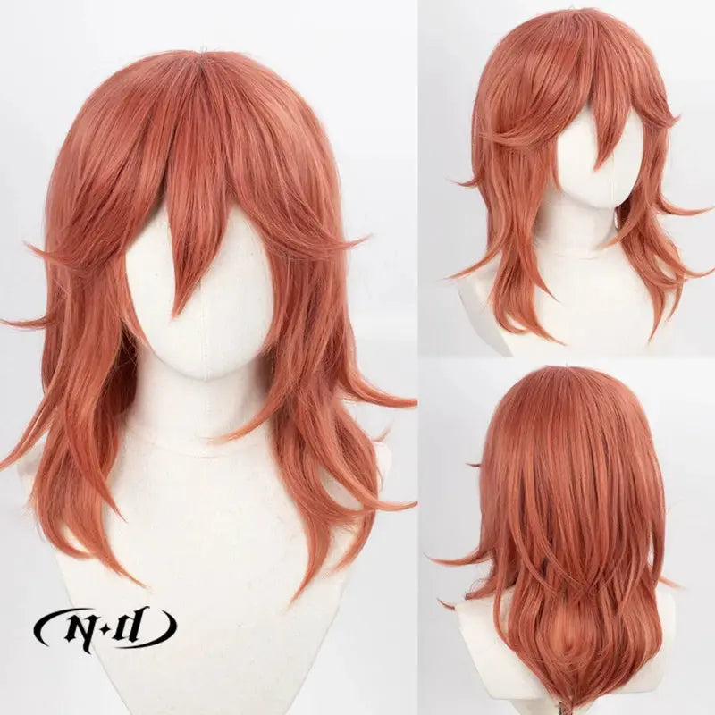 ND Angel Devil cosplay wig in orange-red, layered mid-length with fringe, heat-resistant synthetic hair