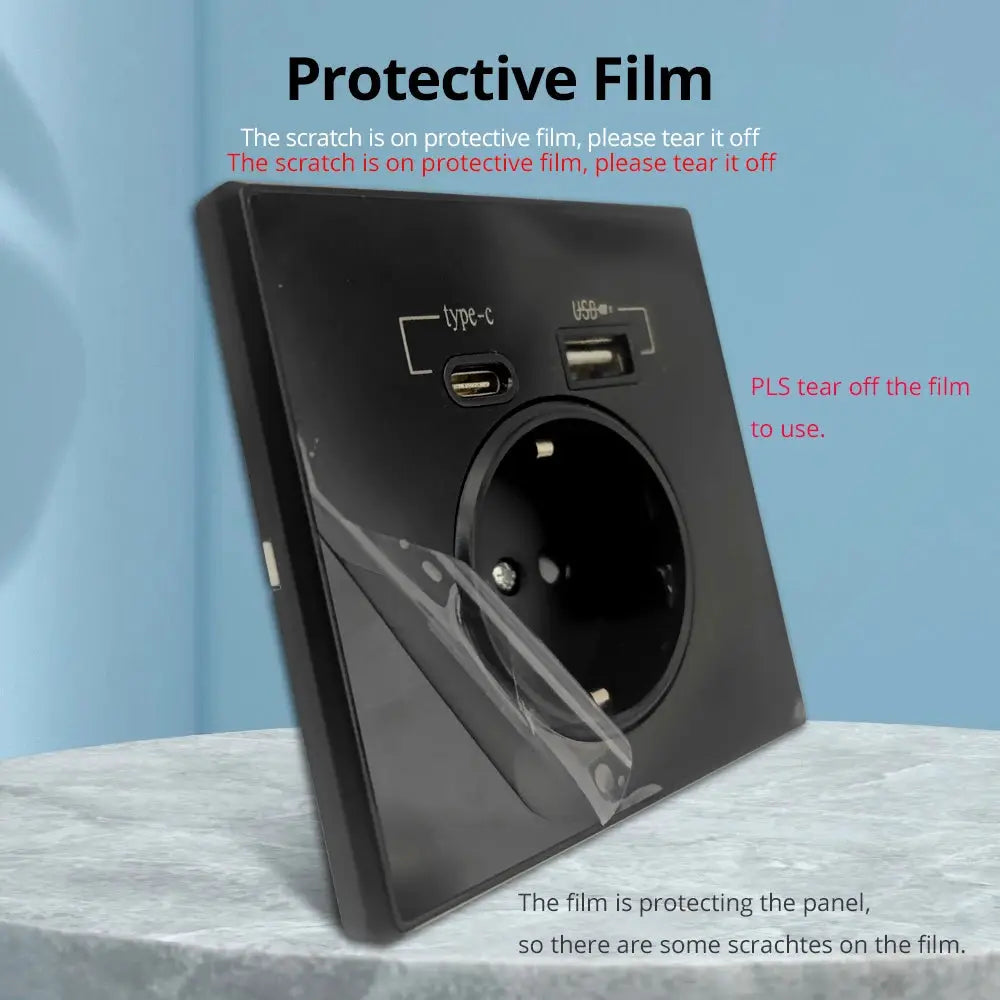 20W PD Type-C outlet panel with USB charger holder on black acrylic mirror wall plate