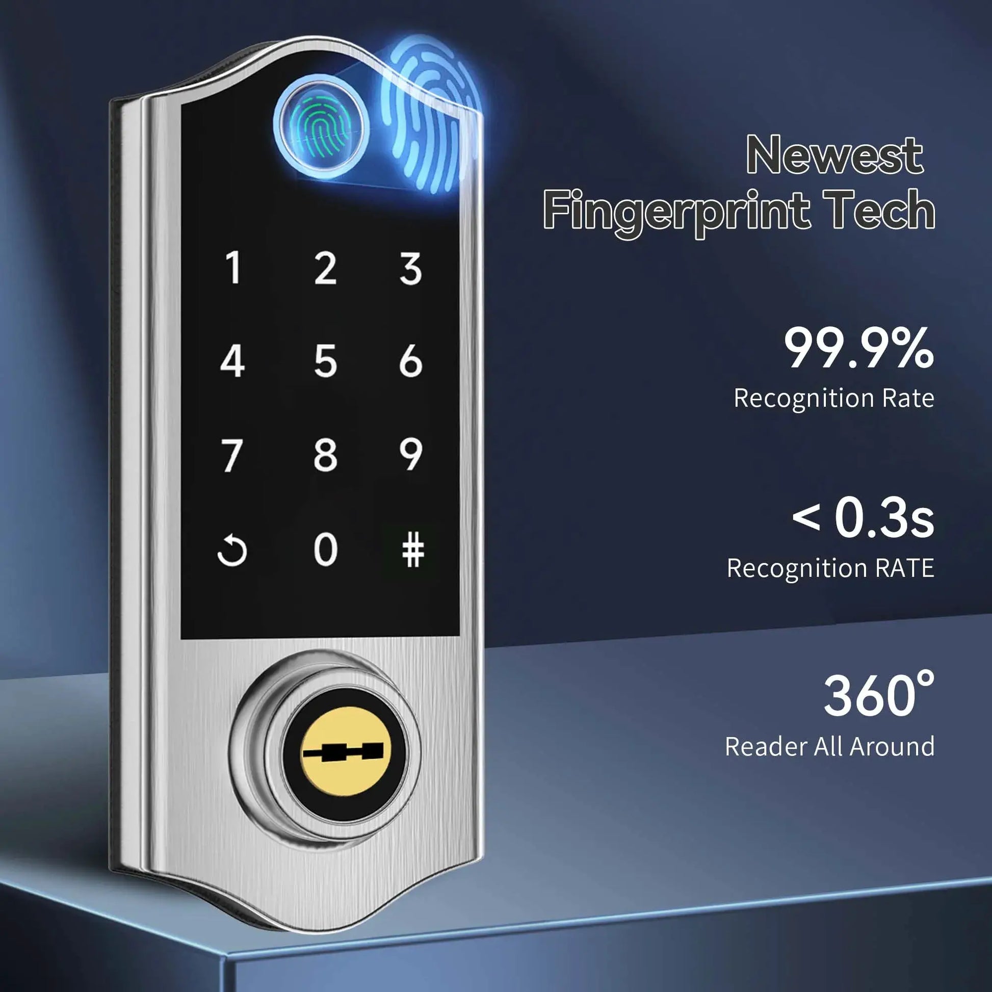 Keyless entry door lock with handle by Simples Market, satin nickel finish, fingerprint keypad