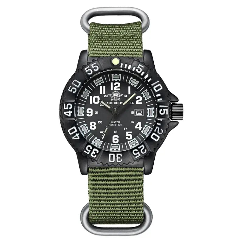 Addies Military Watch by Simples Market; black bezel, green nylon strap, water resistant