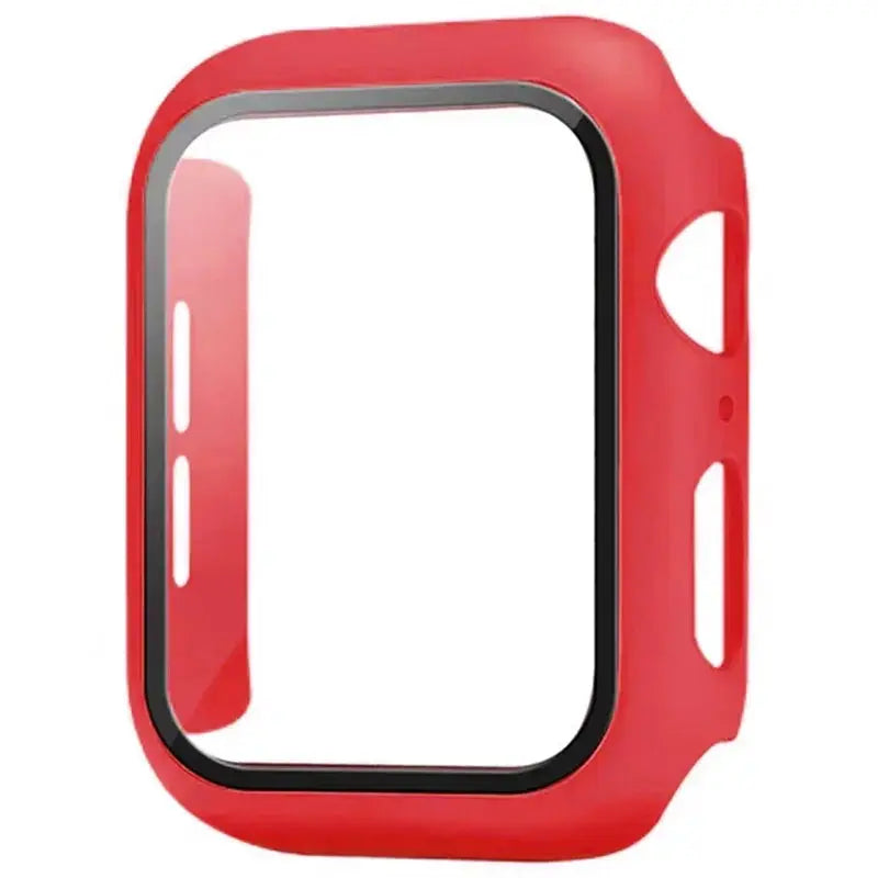 Red tempered-glass case for Apple Watch with black inner bezel, fits 38–46mm models