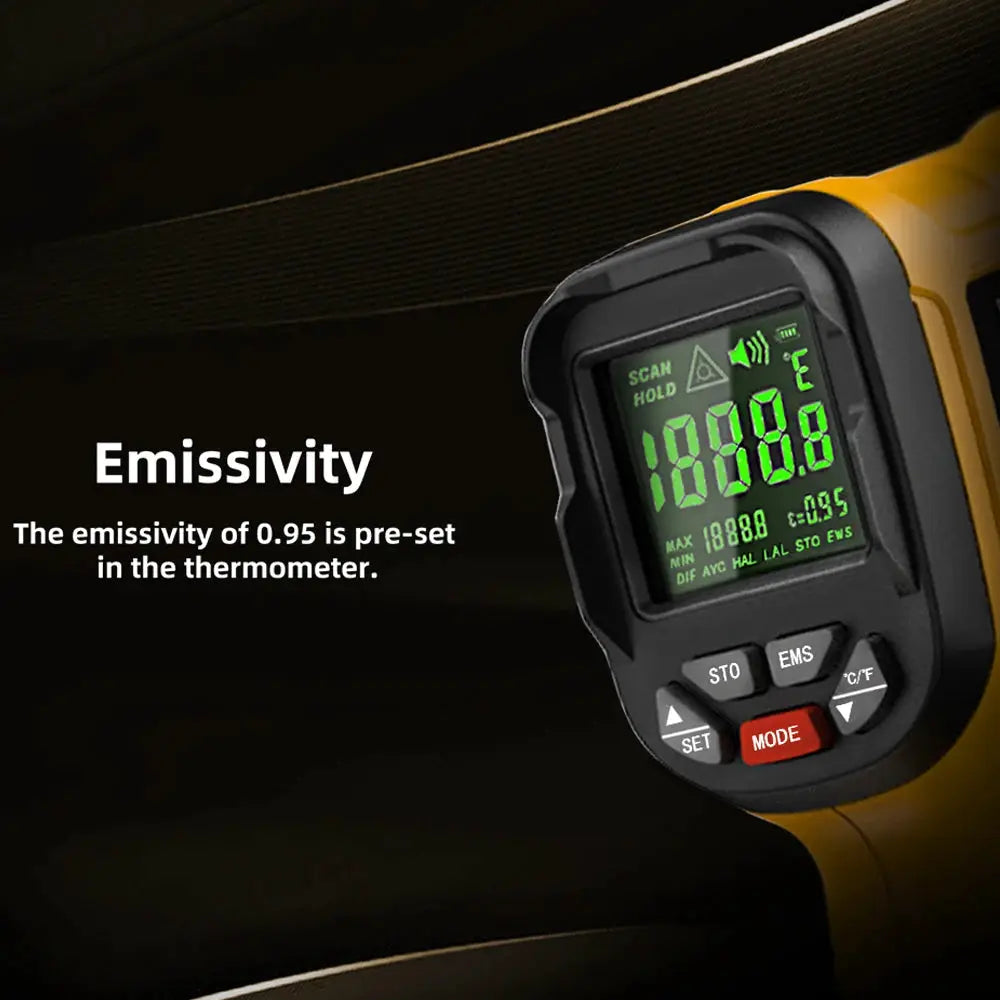 BSIDE infrared thermometer handheld, yellow and black, non-contact laser with digital LCD display