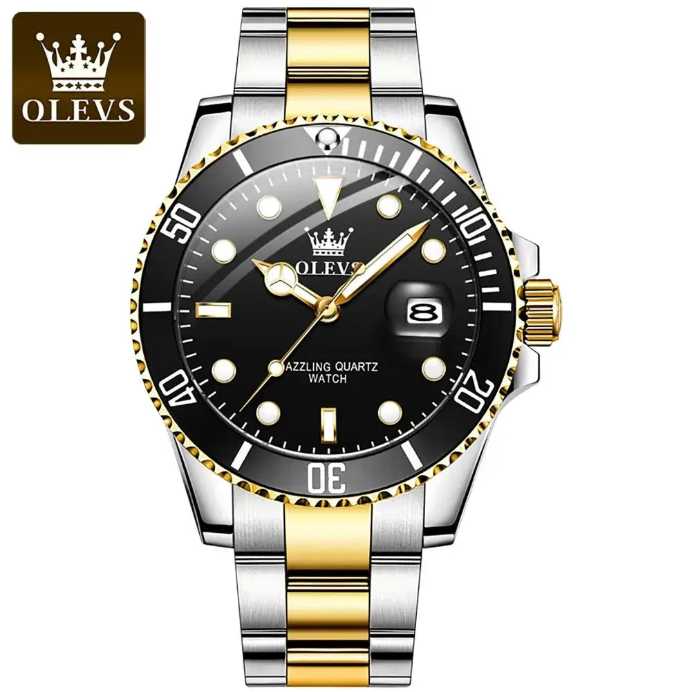 OLEVS Top Original Men Quartz Watch With Stainless Steel Band Green Dial Luminous Hands Water Resistant Luxury Timepiece
