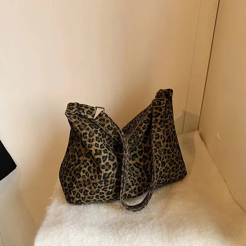 Leopard print soft textile shoulder bag by Simples Market, large-capacity crossbody for casual outings
